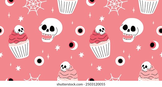 Impresiones sin costuras de color rosa, gris y negro con Elementos decorativos de Halloween: fantasma, calabaza, sculls. Personajes de Vector lindo, objetos de decoración - dulces, calabaza, bruja, fantasma, murciélago. Diseño de patrones