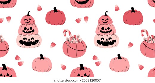 Pink grey and black seamless prints with Halloween decorative elements - ghost, pumpkin, sculls. Cute vector characters, decor objects - sweets, pumpkin, witch, ghost, bat. Pattern design