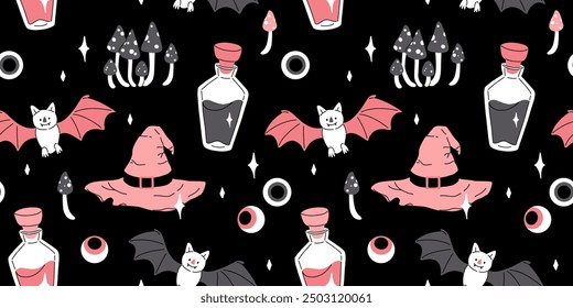 Pink grey and black seamless prints with Halloween decorative elements - ghost, pumpkin, sculls. Cute vector characters, decor objects - sweets, pumpkin, witch, ghost, bat. Pattern design