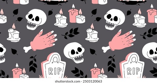 Pink grey and black seamless prints with Halloween decorative elements - ghost, pumpkin, sculls. Cute vector characters, decor objects - sweets, pumpkin, witch, ghost, bat. Pattern design