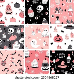 Pink grey and black seamless prints with Halloween decorative elements - ghost, pumpkin, sculls. Cute vector characters, decor objects - sweets, pumpkin, witch, ghost, bat. Pattern design