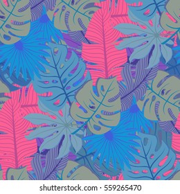 pink, grey and blue palm tree foliage. Tropical palm leaves, jungle leaves seamless vector floral pattern, trendy hipster abstract background