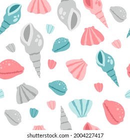 Pink, grey and blue seashell summer seamless pattern. Marine underwater life, beach ocean shells, modern trendy vector flat cartoon illustration on white background, repeat design for kids wallpaper