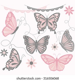 Pink and Grey Butterfly Collections.Butterfly Silhouette,Flower,Lace Border,Invitations.