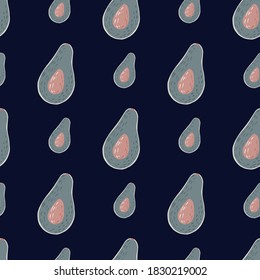 Pink and grey colored avocados seamless organic pattern. Navy blue dark background. Vitamin tasty backdrop. Designed for wallpaper, textile, wrapping paper, fabric print. Vector illustration.