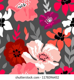 Pink and grey floral composition. Seamless vector pattern with large blooming garden flowers and leaves inspired by 1950s design. On dark background.
