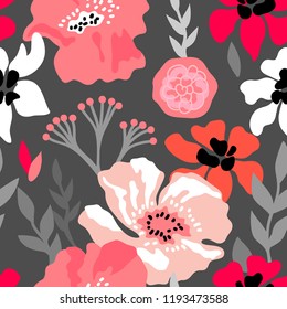 Pink And Grey Floral Composition. Seamless Vector Pattern With Large Flowers, Branches And Leaves Inspired By 1950s Design. On Sark Grey Background.