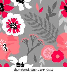 Pink and grey floral composition. Seamless vector pattern with large flowers, branches and leaves inspired by 1950s design. On grey background.