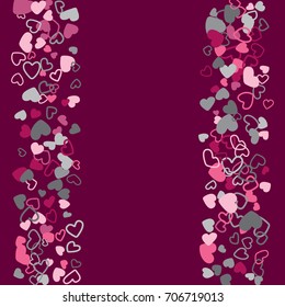 Pink and grey flying hearts vector border. Background illustration with heart love symbols confetti for wedding invitation card, Valentine's day banner border. Romantic feelings relationships concept.