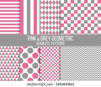 pink and grey geometrical seamless patterns set