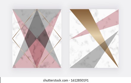 Pink, grey and gold triangular shapes. Geometric cover design on the marble texture. Modern backgrounds for menu, banner, card, flyer, invitation, product package, brochure.
