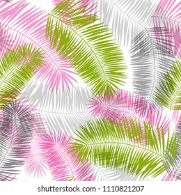 pink, grey and green palm leaves abstract seamless pattern