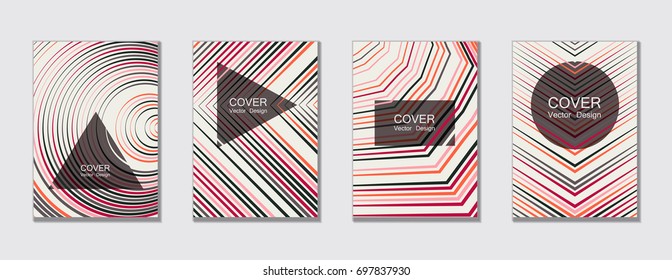 Pink and grey halftone cover vector template with lines, triangles, circles. Title places. Vector journal design geometric shape background set, halftone lines hipster pattern covers  collection.