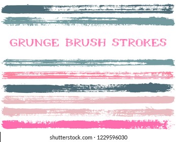 Pink grey ink brush strokes isolated design elements. Set of paint lines. Dry stripes, textured paintbrush stroke shapes. Collection of ink brushes, stripes isolated on white, vector paint samples.