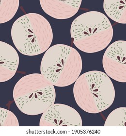 Pink and grey light colored apple print seamless doodle pattern. Dark navy blue background. Vitamin artwork. Stock illustration. Vector design for textile, fabric, giftwrap, wallpapers.