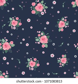 Pink grey roses ditsy vintage seamless pattern. Great for retro summer fabric, scrapbooking, giftwrap, and wallpaper design projects. Surface pattern design.