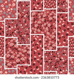 pink and grey seamless vector small flowers leaves with bandanna pattern on red background