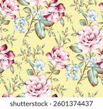pink and grey seamless vector stock flowers with green leaves pattern on yellow background