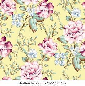 pink and grey seamless vector stock flowers with green leaves pattern on yellow background