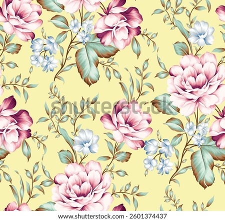 pink and grey seamless vector stock flowers with green leaves pattern on yellow background