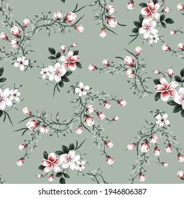 pink and grey small vector flowers with green leaves pattern on green background