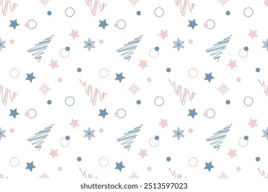 Pink grey snowflakes circles new year tree seamless vector pattern Packaging Textile Wrapping paper Winter holiday mood design Isolated background December mood Christmas time Xmas season Typography