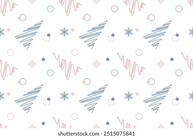 Pink grey snowflakes circles new year tree seamless vector pattern Packaging Textile Wrapping paper Napkin Winter holiday design Isolated background December mood Christmas time Xmas season Typography