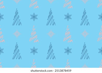 Pink grey snowflakes new year tree seamless vector pattern packaging paper Textile Wrapping paper Napkin Winter holiday design Blue background December mood Christmas time Xmas season Typography