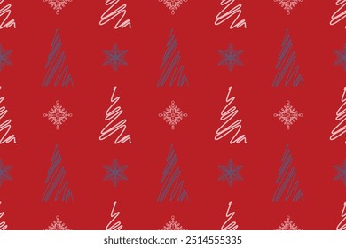 Pink grey snowflakes new year tree seamless vector pattern packaging paper Textile Wrapping paper Napkin Winter holiday design Red background December mood Christmas time Xmas season Typography