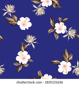 flores vectoriales rosas y grises con hojas marrones patrón en fondo azul