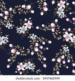 pink and grey vector flowers with brown leaves bunches pattern on navy background