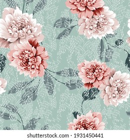 pink and grey vector flowers leaves bunches pattern on seamless abstract green background