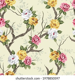 pink grey and yellow vector flowers with green leaves pattern on cream background