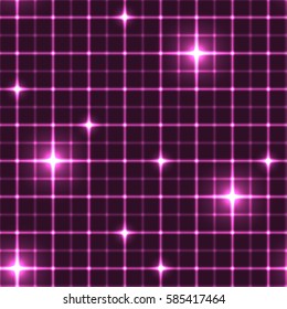 Pink grid with shining points. Laser net with glow intersects on pink dark background. Seamless pattern with pink neon regular lines and light cross.