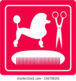 pink grooming icon with poodle dog, scissors and comb silhouette 