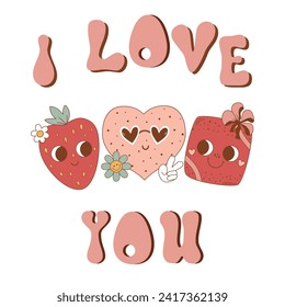 Pink groovy Happy Valentines Day retro lettering element with cute retro characters strawberry, heart with eyes, gift isolated on white. 14 February typography vector letters in vintage 70s, 60s style