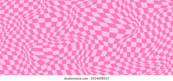 Pink groovy hippie 70s vector background. Chessboard and twisted pattern. Vector psychedelic abstract grid fun wallpaper. Retro style design for print on textile, paper, social media or web design