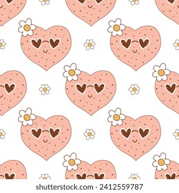 Pink groovy love seamless pattern with romantic hearts in sunglasses and daisies. Cartoon character in 70s retro style for Valentines day, wrap paper, wedding, vector funky repeat background.