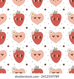 Pink groovy love seamless pattern with romantic hearts, hippie daisies, strawberry retro cartoon character. Vector Valentines day repeat background, wrap paper wedding design. Sweet summer berry print