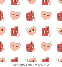 Pink groovy love seamless pattern with romantic hearts in sunglasses, daisies, gift box. Cartoon character in 70s retro style for Valentines day, wrap paper, wedding, vector funky repeat background.