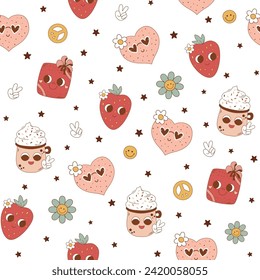 Pink groovy romantic seamless pattern. 1970 retro characters - with eyes, heart, strawberry, smiling cup coffee. Hippie Valentines day repeat background. Vector seventies cool wallpaper, fabric, print