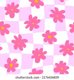 Pink groovy seamless pattern with pink abstract daisy flowers and distorted cage. Fashionable background in 00s, 90s, y2k style. 