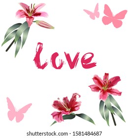 Pink Grunge Lettering "Love" in lowercase on a white background with realistic pink lilies with green stems and silhouette of pink butterflies. Vector square stock illustration. Template for love card