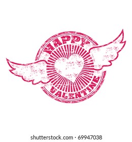 Pink grunge rubber stamp with wings and the text Happy Valentine written inside the stamp