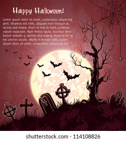 Pink grungy halloween background with full moon, tombstones and bats. Vector Illustration.