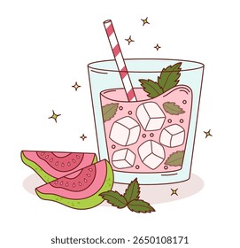 Pink Guava Drink with Ice and Mint leaves and tropical slices. Summer Fruit Refreshing Cocktail with striped straw. Vector Illustration. Not ai