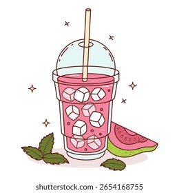 Pink Guava Drink com lotes cubos de gelo em xícara clara e fatias de frutas tropicais. Verão Refrescante Cocktail com palha e hortelã. Ilustração de vetor mistura smoothie para anúncios, promoção, marketing, banner