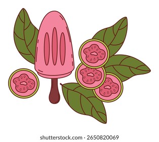 Pink Guava ice cream stick and tropical fruit slices with leaves. Vector Illustration. Exotic food, sweet dessert perfect for summer, menu design, packaging and healthy themes