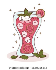 Pink Guava tropical Cocktail with Ice and Mint leaves. Summer Fruit Refreshing Drink with slices guava. Vector Illustration. Not ai
