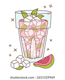 Pink Guava tropical Drink with Ice and Mint leaves. Summer Fruit Refreshing Cocktail with straw and slices. Vector Illustration. Not ai